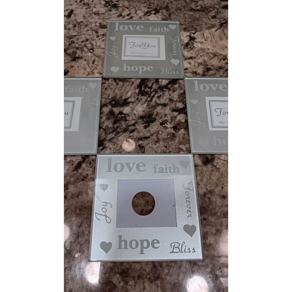 4 Glass Coasters-Room For a Picture in Each Frame. Says Love, Hope, Faith, Bliss
